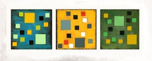 Vanessa Ryan blue, yellow, green triptych 3-12 inch square paintings